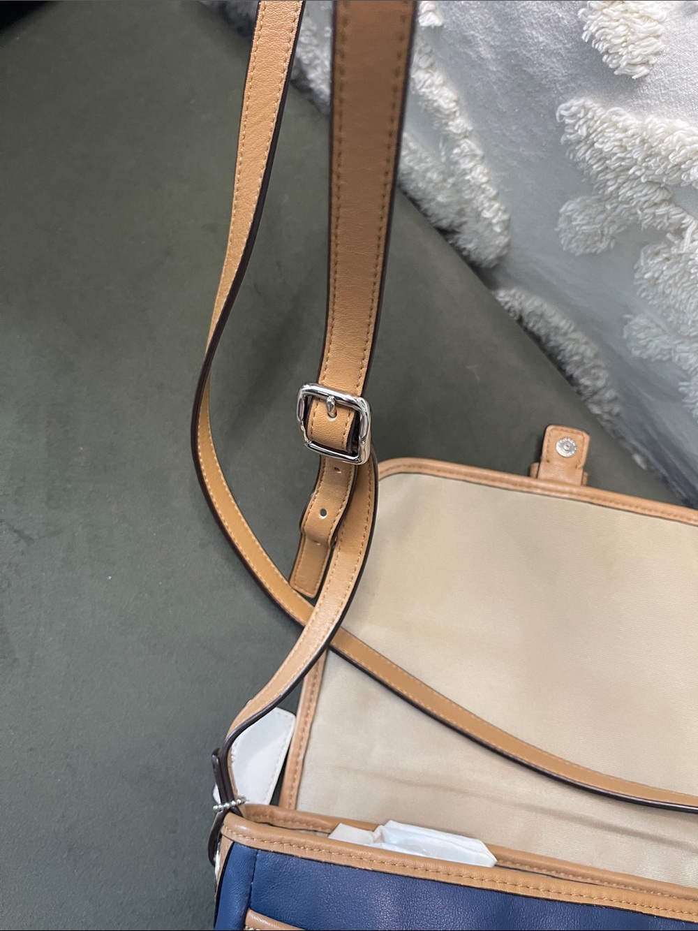 Coach Hadley leather crossbody bag in a navy, tan, and white colorblock design. - Picture 3 of 11